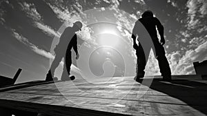 Two Construction Workers Silhouetted Against a Cloudy Sky
