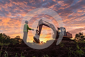 Two construction workers stand by an excavator at sunset
