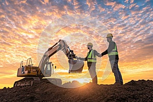 Two construction workers stand by an excavator at sunset