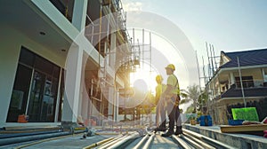 Two Construction Workers Standing on Pipes at a Building Site