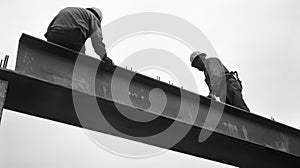 Two Construction Workers On A Steel Beam