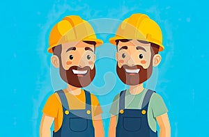 Two Construction Workers in uniform, isolated on blue background. Illustration of Happy Men Builders
