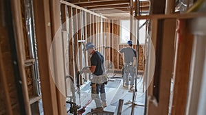 Two Construction Workers Working Inside a House Under Construction