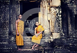 Two Contemplating Monk in Cambodia. photo