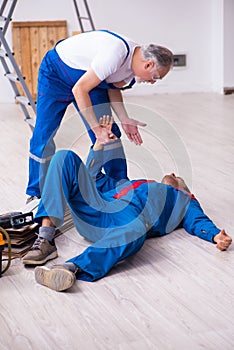 Two contractors and snake indoors