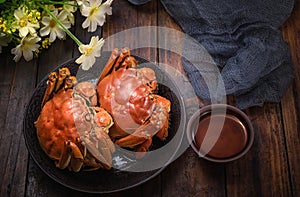 Two cooked hairy crabs serve as a dish.