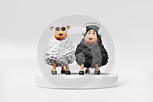 Two cool DJ sheep friends rhythmically dance playing music 3d rendering. Party mood Cartoon lambs headphones sunglasses
