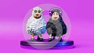 Two cool DJ sheep rhythmically dance playing music 3d animation loop neon light 4K