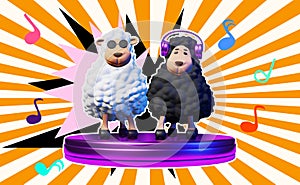 Two cool DJ sheep rhythmically dance playing music creative art collage Music note sunburst background Night club banner