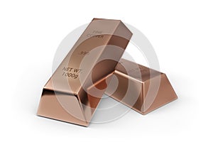 Two copper ingots or bars over white background - essential electronics production metal or money investment concept, 3D