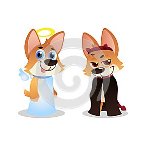 Two corgi characters. Puppies in angel and devil costumes. Wings and halo, horns and tail. Funny domestic animals. Flat