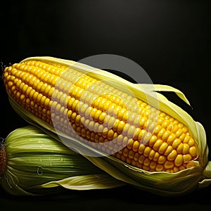 Two corn cobs close-up one open yellow, the other in green leaf, dark black background. Corn as a dish of thanksgiving for the