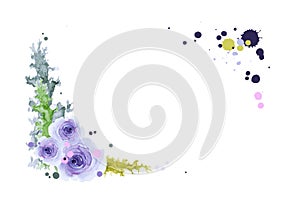 Two corner frame of beautiful purple roses. Flowers, leaves and colorful watercolor splashes isolated on white background. Hand