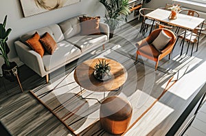 two couch, rug, table, and chairs in a living room