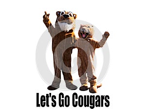 Two cougar mascots waving with white background and lets go cougars written underneath