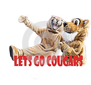 Two cougar mascots with white background reading lets go cougars