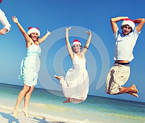 Two Couple Celebrating Beach Christmas Summer Concept