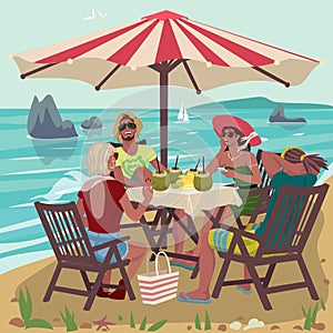 Two couples eating on tropical beach