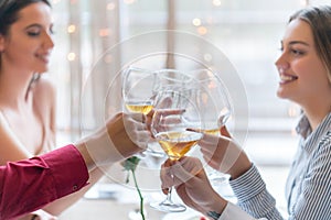 Two couples toasting at the celebration in the restaurant