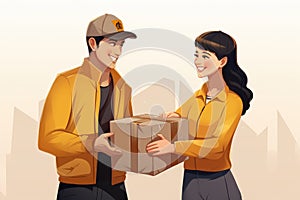 Two couriers of opposite genders hand over a package box. photo