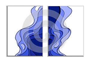 Two covers. Waves from blue 3d paper. Design layout for presentations banners, flyers, posters and invitations