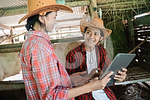 two cow farmers give an explanation using a tablet together