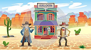 Two cowboys in a wild west town are standing before a saloon waiting for a duel