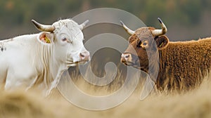 Two Cattle, White and Brown, Standing in Dry Grass Field