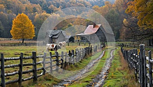 Two cows graze by wooden fence in natural landscape