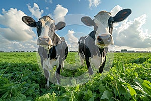 Two cows are standing in field and looking at the camera