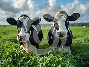 Two cows are standing in field and looking at the camera