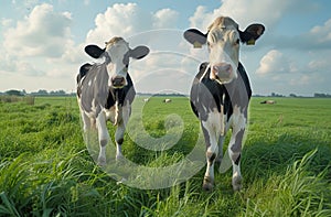 Two cows standing in green field