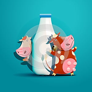 Two cows standing near the bottle of milk