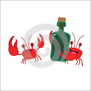 Two crabs with a bottle