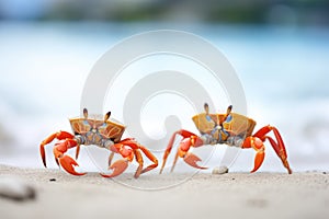 two crabs engaging in a standoff on the beach