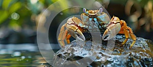 Two Crabs on Rock in Water