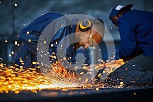 Two craftsmen in protective uniform welding metal