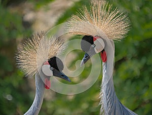 two cranes face each other in summer at the zoo in color