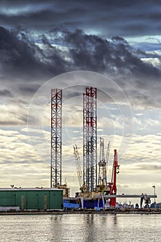 Two cranes in shipyard