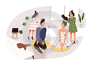 Two creative girl making hairstyle to parents having fun at home vector flat illustration. Mother and father playing to