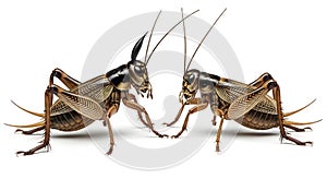 Two crickets facing each other on white background, ai generated