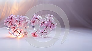 Two cristal hearts on light background. photo