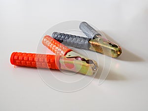 Two crocodile clips use in electrical purpose photo