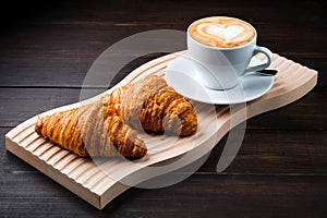 Two croissants and a cup of cappuccino on the wooden table. Croissants, coffee, cappuccino. Coffee break.