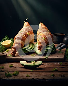 two croissants on a cutting board with avocado