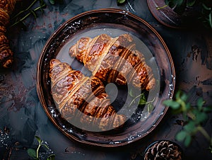 Two croissants on a plate with green leaves