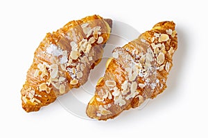 Two Croissants with Vanilla Cream and Almond Flakes on White Background