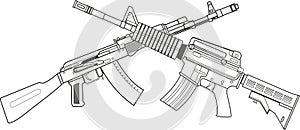 two crossed American M16 assault rifles and Russian Kalashnikov assault rifle photo