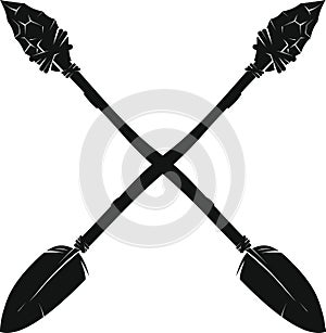 Two crossed arrows with a stone tip for a bow, black on white background