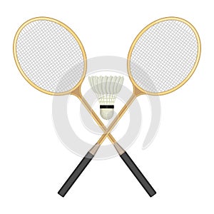 Two crossed badminton rackets and white shuttlecock with black line.